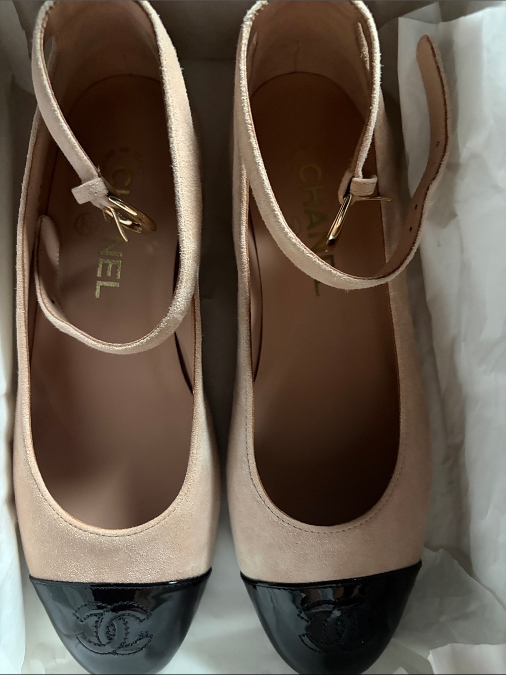 CHANEL patent cap toebox, light pink/peach shade suede ballerinas/ Mary Jane’s